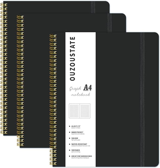 Spiral Graph Notebook 8.5” x 11”, A4 Black Grid Paper Notebook, 120 Pages 100GSM Thick Large Graphing Notebook，Hardcover Spiral Notebook Journals for Work School Engineering