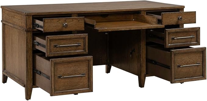 Liberty Furniture Carolina Park 5 Piece Jr Executive Set with Desk, Credenza & Hutch for Home Office- Amber Brown Oak Wood