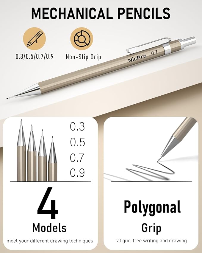 Nicpro 5 PCS Art Mechanical Pencils Set, Metal Drafting Pencil 0.3 & 0.5 & 0.7 & 0.9 & 2mm Graphite Lead Holder(4B 2B HB 2H Colored) for Sketching Drawing With Lead Refills Eraser Case