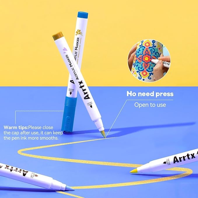 Arrtx Markers Paint Pens 60 Colors, Acrylic Paint Pens Brush Tip for Wood, Canvas, Stone, Rock Painting, Ceramic Surfaces, DIY Crafts Making Art Supplies-with Neon & Metallic & Regular Color