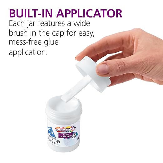 Colorations® Tacky Craft Glue Classroom Pack Jars, Each with Built in Brush Applicator, Set of 12, Each 3oz, Thick & Strong Tacky Glue, Dries Clear, Use at School, Home, Office & Craft Projects