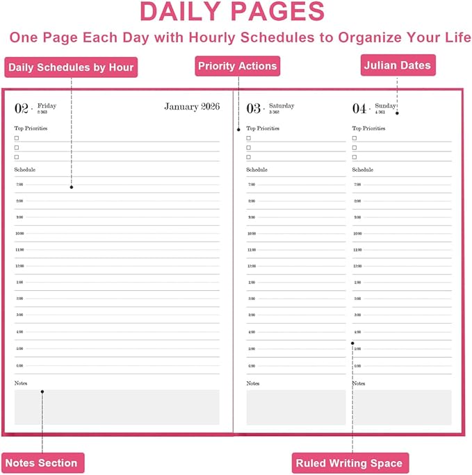 2026 Daily & Monthly Planner - 2026 Daily Planner One Page Per Day from January 2026 to December 2026, 5.8'' x 8.3'' Hourly Appointment Book Perfect Organizer Daily Life, Fabric Cover, Pink