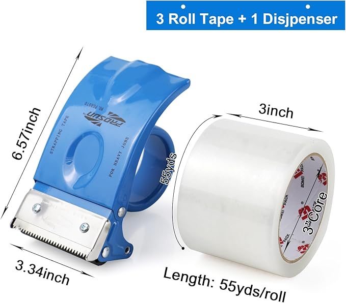 3 Inch Wide Clear Packing Tape with Dispenser,2.4 Mil x 55 Yards Heavy Duty Packaging Tape Refill for Shipping,Industrial Grade,Urtal Strong Boxing Tape for Moving,Mailing and Storages