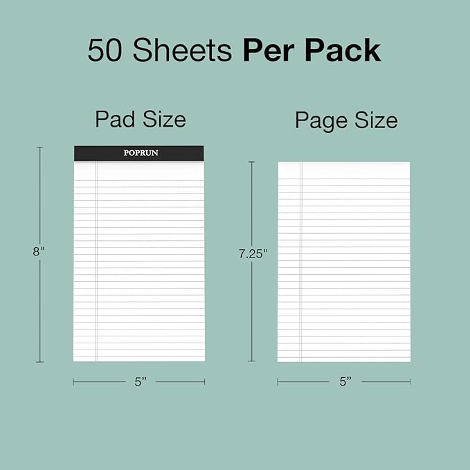 POPRUN Small White Legal Pads 5 x 8 Narrow Ruled, 100GSM Writing Paper Pad, Bulk Lined Notepad Notebooks for Work School, Classroom Office Supplies, 6 Pack