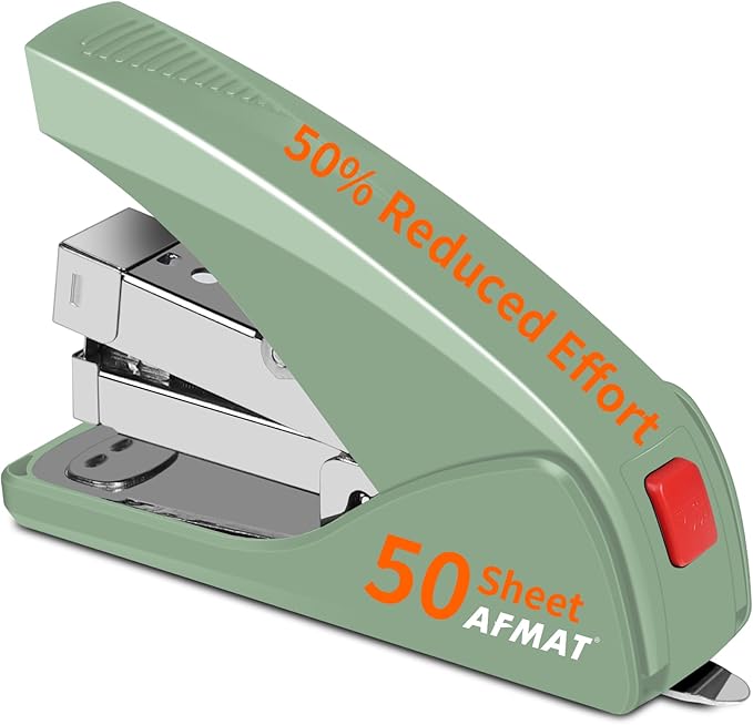 AFMAT Effortless Stapler for Desk, 50 Sheet Capacity, Low Force, Built-in Staple Remover, One Finger Touch Stapling Desktop Stapler, Portable & Space Save Size, Good for Home & Office, Green