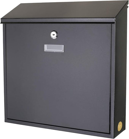 Metal Mailbox Steel office comment Suggestion ballot Box Secure Box With top special Wide Slot for envelopes Wall Mount with pre drilled holes Drop Box for Home and Office 14.3H x 14.6W x 3.75D(Black)