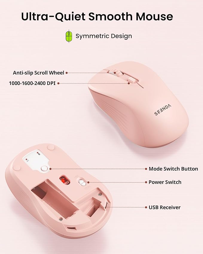 seenda Bluetooth Keyboard and Mouse, COE200 USB + Bluetooth Multi Device, Ergonomic Keyboard Mouse Set, Full-Size Wireless Combo Compatible for Mac OS/Windows PCs Computers Laptops MacBooks - Pink