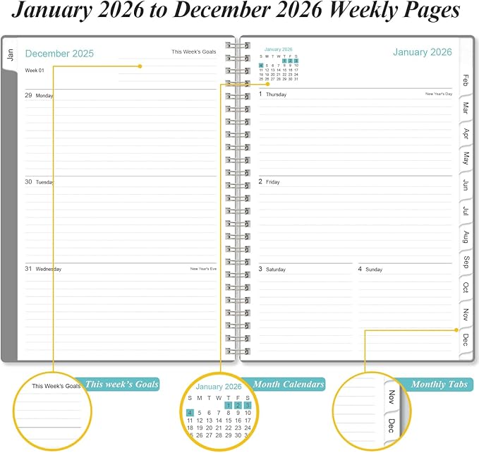 2026 Planner - Weekly and Monthly Calendar Planner from Jan 2026 - Dec 2026, Planner 2026 Spiral Bound with 12 Monthly Tabs, Inner Pocket, Perfect for School Office Supplies, 6.4" x 8.5", Grey-C