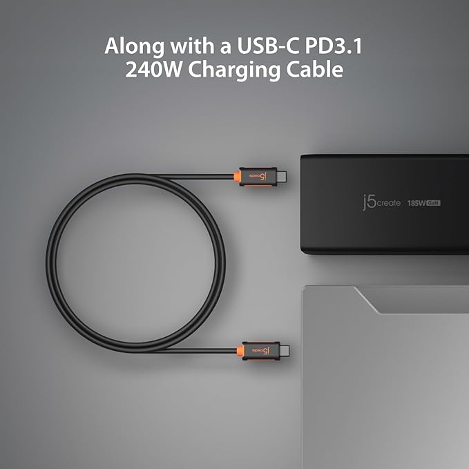 j5create 185W GaN USB-C/A 3-Port Laptop Super Charger w/Power Delivery 3.1, Supports MacBook Pro MagSafe 140W Charging-Simultaneously Power and Charge Laptops/Tablets/Phones/Game Consoles (JUP37185)