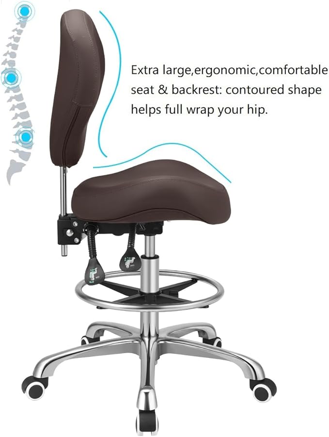 Kaleurrier Adjustable Stools Drafting Chair with Backrest & Foot Rest,Tilt Back,Swivel Seat,Rolling Wheels,for Studio,Dental,Office,Salon and Counter,Armless Tall Home Desk Chairs (Brown)