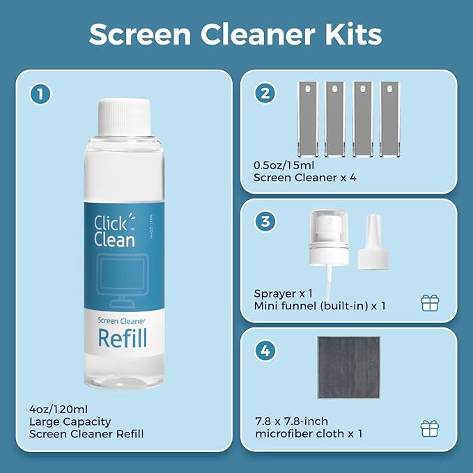 Click Clean Screen Cleaner Kits - 4 All-in-One Screen Cleaner with 4 oz Cleaner Refill, 1 Microfiber Cloth(7.8 x 7.8in), 1 Mini Refill Funnel, and 1 Sprayer - for All Phones, Laptop and Tablet Screens