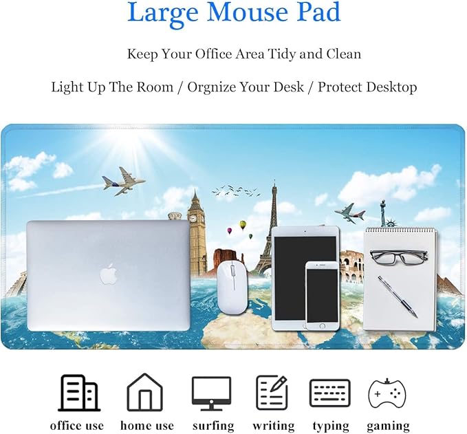 RTGGSEL 31.5x11.8 Inch Non-Slip Long Extended Large Gaming Mouse Pad with Stitched Edges XL Laptops Keyboard Mouse Mat(Travel World)
