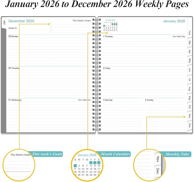 2026 Planner - Planner 2026 from January 2026 to December 2026 with 12 Monthly Tabs, Flexible Cover, Inner Pocket, 8.5" x 11", Grey-B