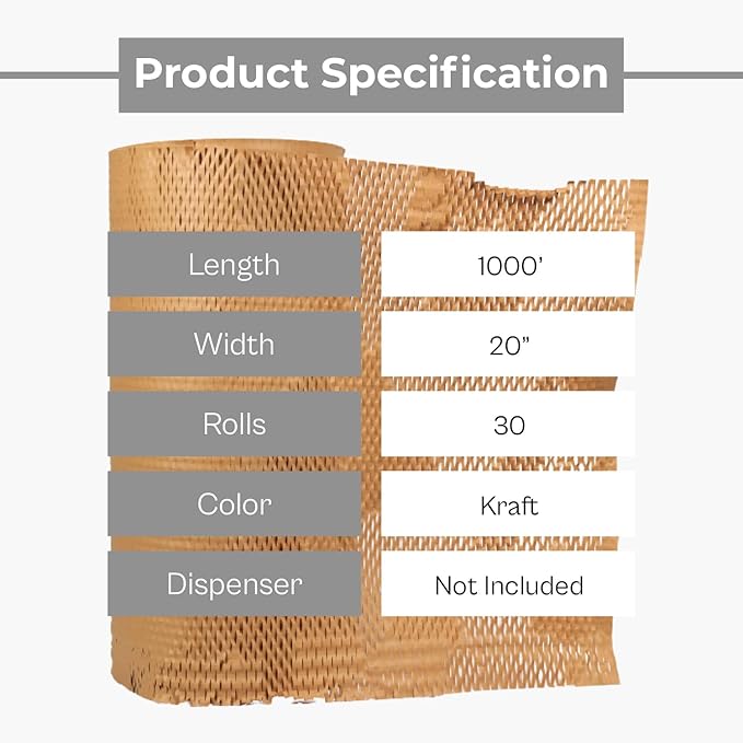 PSBM 30 Roll Honeycomb Packing Paper, 20 Inch x 1000 Feet Bubble Cushioning Wrap For Shipping Materials, Recyclable Honeycomb Paper