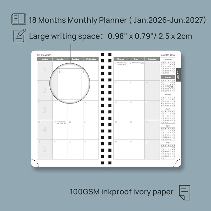 POPRUN Monthly Planner 2026-2027 (Pocket 4.25" x 6.25") 18 Months Calendar (Jan 2026 - Jun 2027) - 4 Pages per Month with Expense & Notes, Leather Cover, Sunday Starts - Night Sky Blue