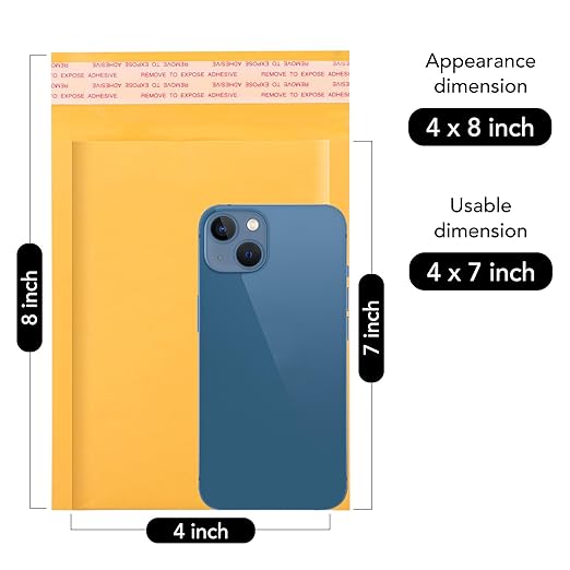 Fuxury Small Bubble Mailers 4x8" 100 Pack Padded Envelopes Thick Kraft Bubble Envelopes Usable Size 4x7" Waterproof Cushioned Padded Mailers Packaging for Small Business #000 Yellow