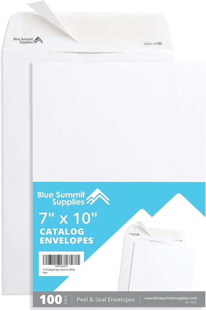 Blue Summit 7x10 Envelopes for Mailing, 100 White 7 x 10 Envelopes, 7.5 x 10.5 Security Tinted, Thick 28lb Paper, Self Seal