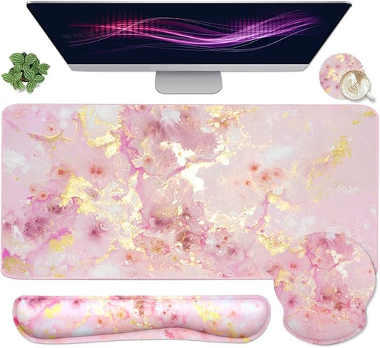 4-in-1 Gaming Mouse Pad Wrist Support Set，Desk Pad + Mouse Pad with Wrist Rest + Keyboard Wrist Rest + Coaster, Ergonomic Design for Home Office Study Game - Pink