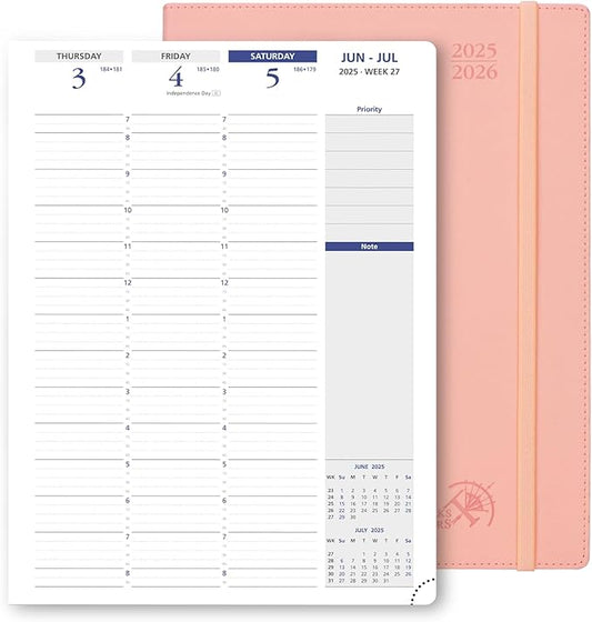 POPRUN Academic Planner 2025-2026, 8.5'' x 11.25'', Quarter-Hourly Appointment Book (July 2025-June 2026) with PU Leather Soft Cover, Dual Pockets, Monthly Tabs, 100GSM Thick Paper - Soft Pink