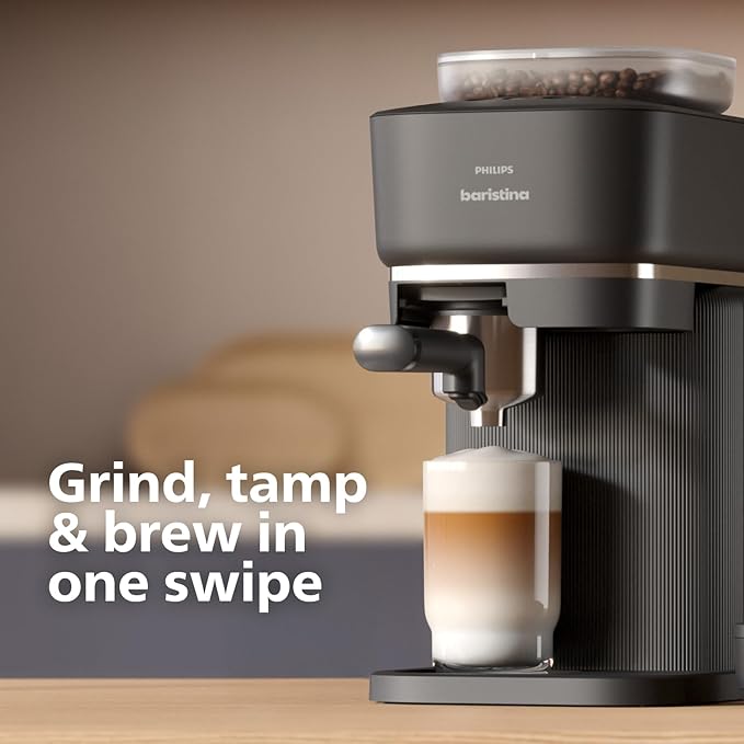 Philips Baristina Espresso Machine+Milk Frother Bundle. Real espresso. Compact coffee machine, portafilter, grinder, Cafe Crema. Dairy & Non-Dairy Milk foam. Hot & Cold. Easy Clean. Black (BAR303/60)