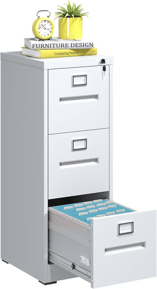 3 Drawer File Cabinet with Lock, Metal Vertical Filing Storage Cabinet for Home Office, Locking Vertical File Cabinets for A4 Legal/Letter Folders, Silent Sliding Drawers, Easy Assemble (White)