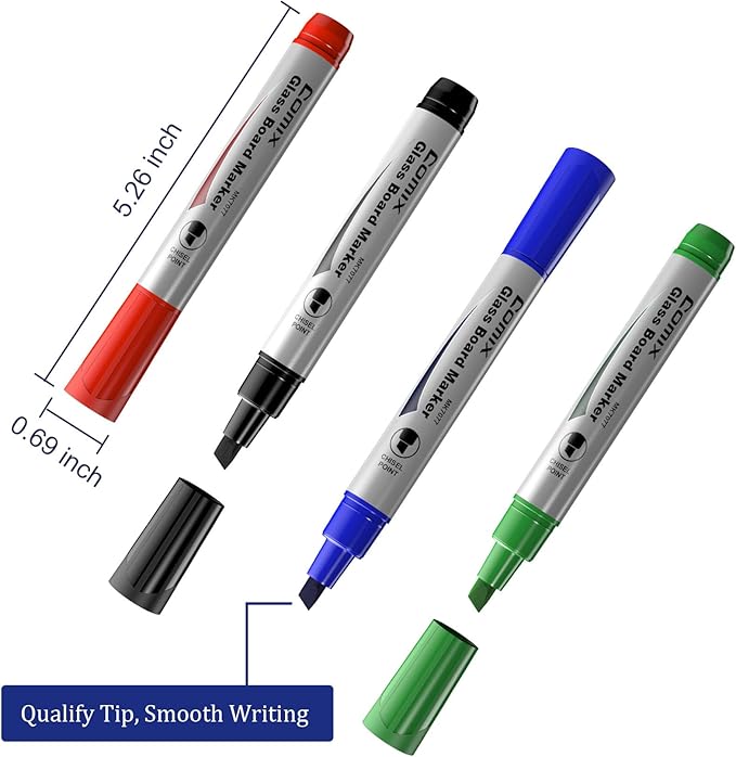 Comix Glass Board Dry Erase Markers, Low Odor Whiteboard Markers, Chisel Tip, 4 Assorted Classic Colors, 36 Pack