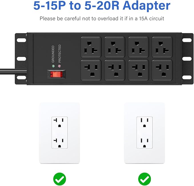 CCCEI Black Heavy Duty Power Strip Surge Protector 20 AMP, 8 Outlets 12 Gauge Industrial Shop Garage Metal Multiple Outlets, 6 FT Extension Cord 5-15P Adapter High Amp 6-20R T-Slot 20a for Appliance