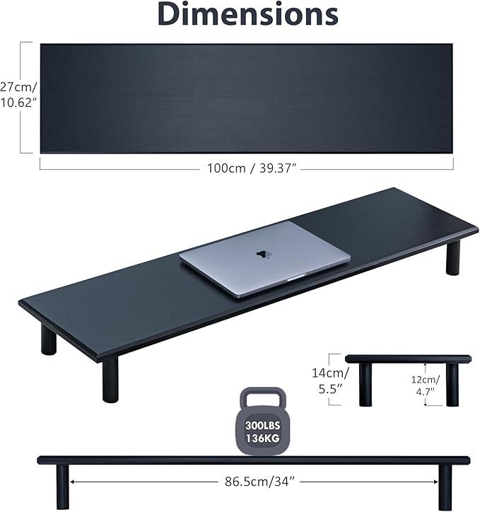 Bamboo Dual Monitor Stand Riser, Supports 2 Monitors, Printer, Heavy TV up to 300 lbs and 75 Inches