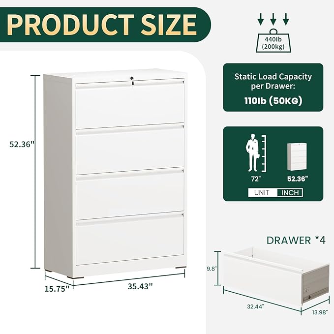 Lateral File Cabinet 4 Drawer, Metal File Cabinets for Home Office Legal/Letter A4 Size, File Cabinet with 4 Lock, Require Assembly, White