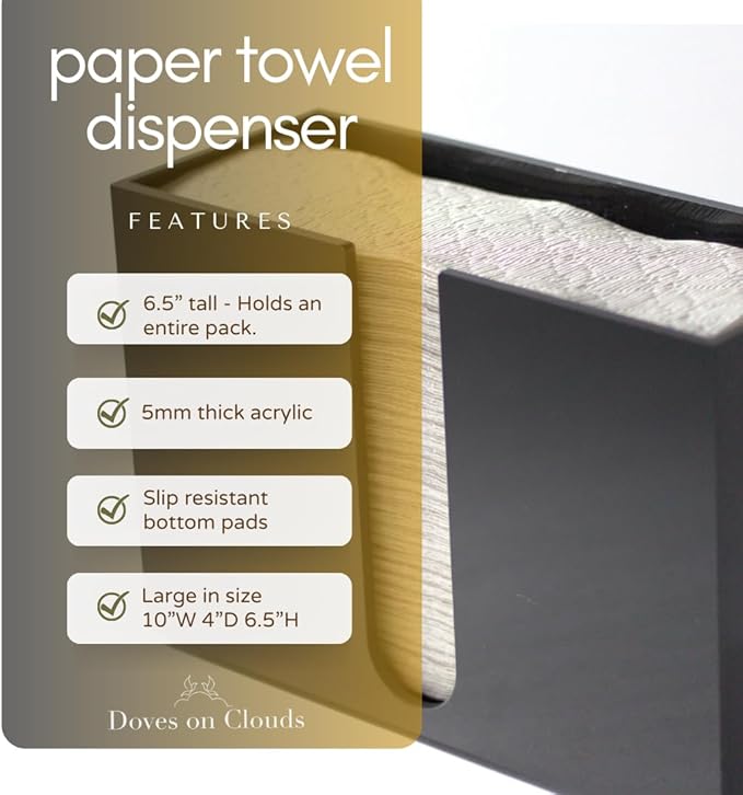 Paper Towel Dispenser Countertop, Black Paper Towel Holder(5mm - 6.5" Tall) Acrylic Folded Napkin Holder for Kitchen, Multifold C-Fold, Z-Fold, Trifold Paper Hand Towel Dispenser for Bathroom