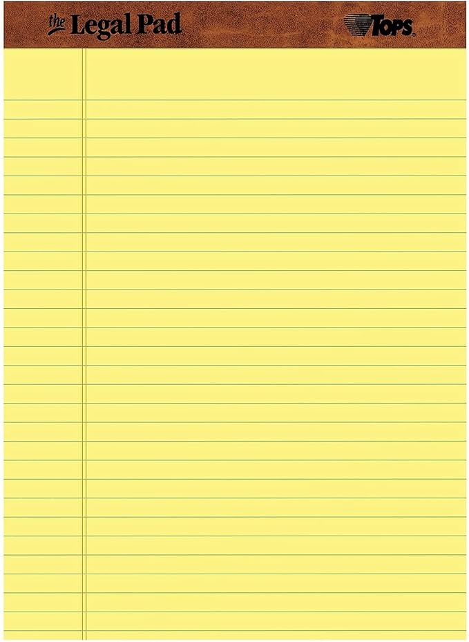 TOPS 8.5 x 11.75 Legal Pads, 12 Pack, The Legal Pad Brand, Wide Ruled, Yellow Paper, 50 Sheets Per Writing Pad, Made in the USA (7532)