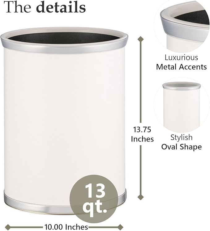 Kraftware Leatherette Wastebasket, 14", White with Brushed Chrome