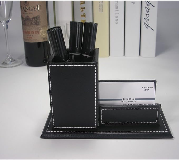 KINGFOM PU Leather Desk Organizer and Accessories, Pencil Holder for Desk with Business Cards Stand, School Office Supplies Collection Caddy Black
