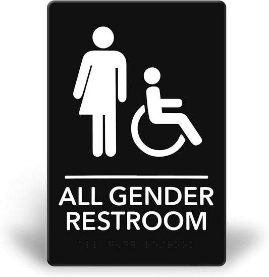 Promot All Gender Handicap Bathroom Sign – ADA Braille Restroom Sign for Business, Self-Adhesive, 9" x 6", Commercial Door Signage, Office Wall Decor - Black