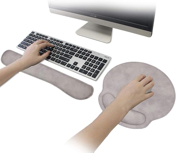 RICHEN Ergonomic PU Leather Keyboard Wrist Rest and Mouse Pad with Wrist Support, Memory Foam Set for Computer/Laptop,Gaming and Office, Comfortable for Easy Typing & Pain Relief (Gray White)