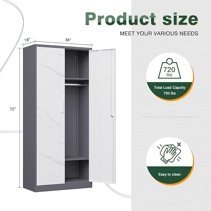 Letaya Wardrobe Closet, 72" H Clothing Storage Cabinet with Adjustable Shelves and Hanging Rod, Bedroom Armoire Clothes Organizer (White Gray)