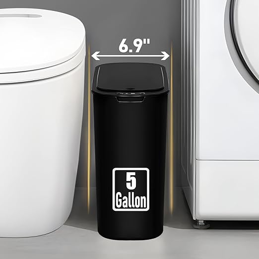 5 Gallon Motion Senor Bathroom Trash Can with Lid, Automatic Garbage Can Touchless, Smart Plastic Waste Basket for Narrow Spaces, Bathroom, Office, Bedroom, Living Room (Black)