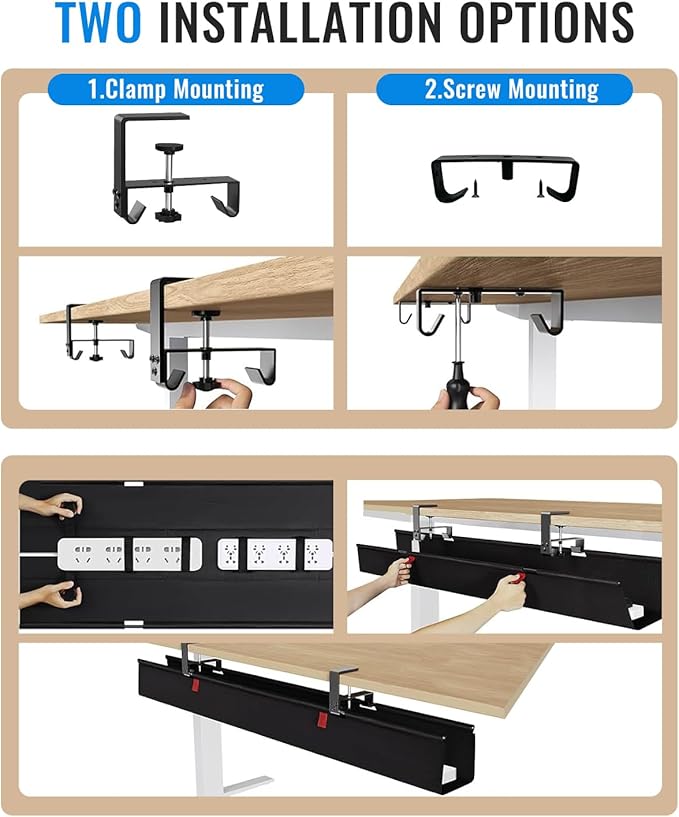 No Drill Cable Management Under Desk, 48" Cord Organizer for Table, Clamp/Screw Mount Cable Tray, Premium Black Fabric Desk Cord Management Tray for Office, Home (Extra Large (48 Inch))