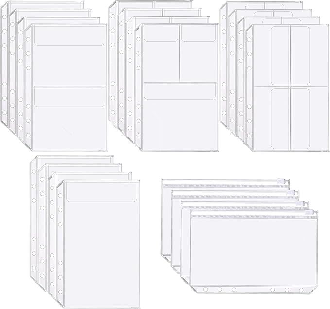 Binder Pockets, 20pcs A5 Size 6 Holes Binder Pockets, [Waterproof PVC Pouch] Premium Clear Binder Zipper Folders Document Filing Bags for 6-Ring Notebook Binder Loose Leaf Bags,-Clear