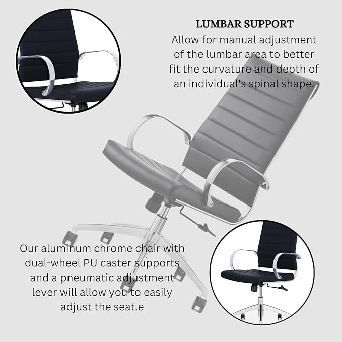 Ribbed High Back Conference Room Chairs - Lumbar Support, Modern Style Executive Chair for Home and Office - 360 Swivel Rolling Wheels - Aluminum Chrome Frame & Base - Black (Pack of 6)