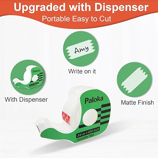 PALOKA Variety Pack Gift Wrapping Tape, 12 Rolls with Dispensers, Includes Invisible Tape, Double-Sided Tape, Clear Tape for Wrapping Paper, Back to School, Home, Office, Christmas, Holiday