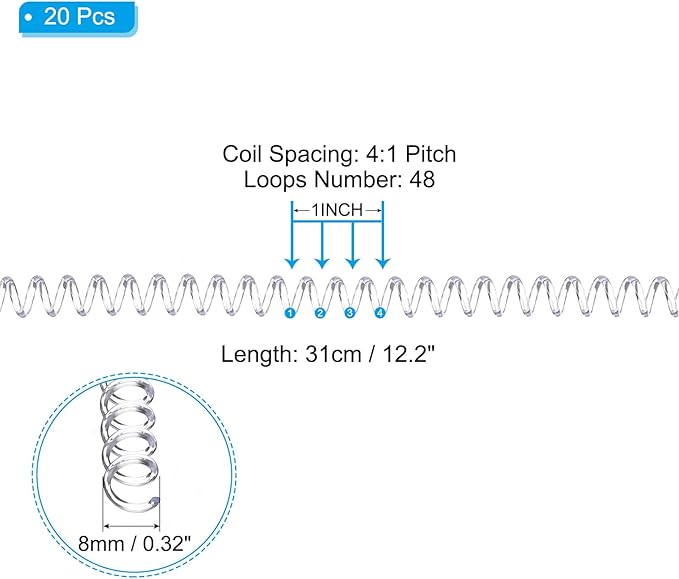 PATIKIL 8mm(5/16") Plastic Spiral Binding Coils, 20 Pcs Binding Spirals 40 Sheet Capacity 4:1 Pitch Binding Spirals for Binding Paper Sheets, Transparent