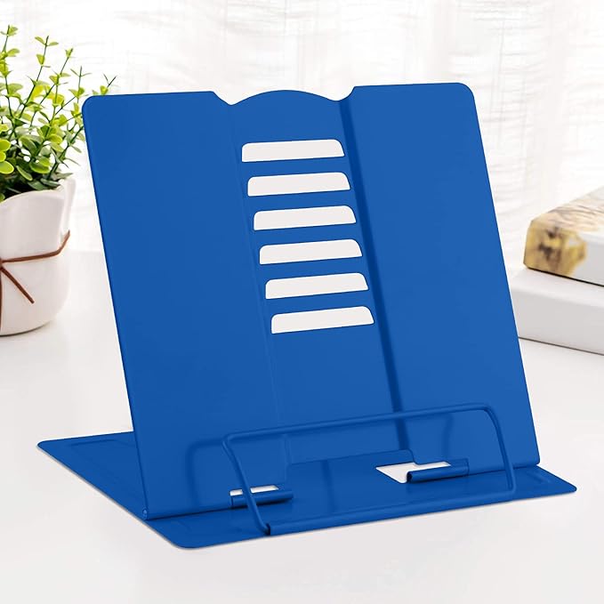MSDADA Desk Book Stand Metal Reading Rest Book Holder Adjustable Cookbook Documents Holder Portable Sturdy Bookstands for Recipes Textbooks Tablet Music Books with Page Clips (Blue)