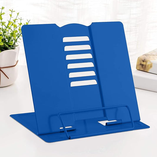 MSDADA Desk Book Stand Metal Reading Rest Book Holder Adjustable Cookbook Documents Holder Portable Sturdy Bookstands for Recipes Textbooks Tablet Music Books with Page Clips (Blue)