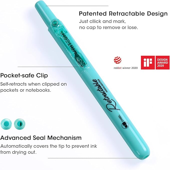 WRITECH Retractable Bible Highlighters Assorted: Pastel Colors No Bleed Aesthetic Marker Pen Chisel Tip, 12 Pack