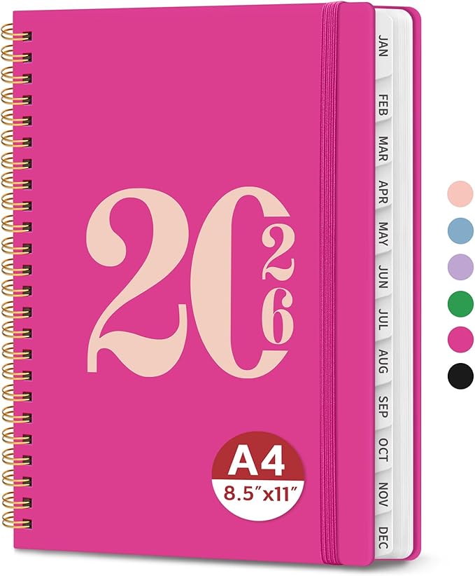 2026 Planner, Weekly and Monthly Calender Planner, Jan 2026 to Dec 2026, Hardcover 2026 Calendar Planner Book with Tabs & Inner Pocket, Office Home School Supplies for Women & Men - A4 (8.5" x 11"), Fuchsia Pink