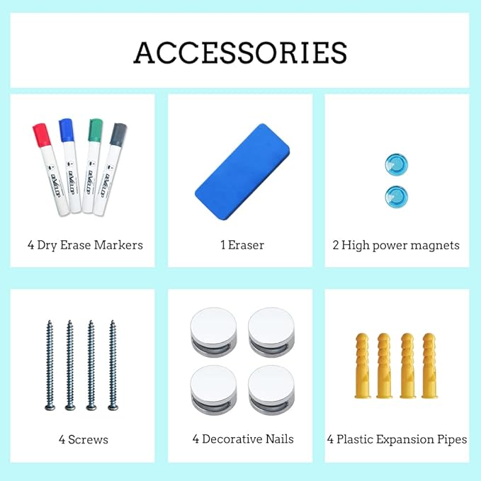 DEVELOP Large Magnetic Blue Glass Dry Erase Board, 60 x 36 Inches (150 x 90 cm), Modern Tempered Glass Whiteboard for Wall, Frameless White Board with Marker Tray, 4 Markers, 2 Magnets, 1 Eraser