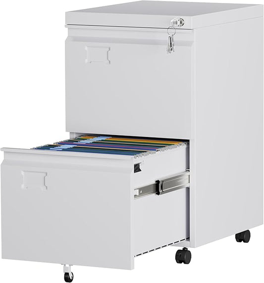 Aobabo 2 Drawer File Cabinet with Wheels, Lockable Metal Filing Cabinet with Business Card Slot for Legal/Letter Size Home Office, Required Assembled,White