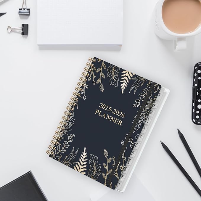 Planner 2025-2026 - Weekly & Monthly Planner from July 2025 to June 2026, Agenda 2025 2026 with Inner Pocket, Elastic Band, 6.4" x 8.5", White Glod Leaf