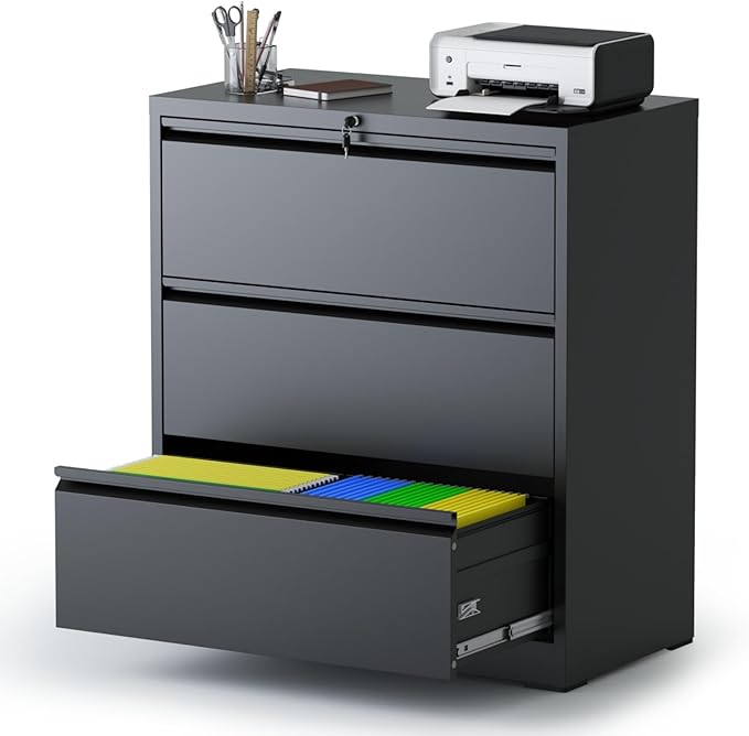 AQY3 Drawer File Cabinet with Lock,Metal Lateral File Cabinets for Home Office,Steel Wide Filing Organization Storage Cabinets for Hanging Files Letter/Legal/F4/A4 Size Assembly Required(Black)